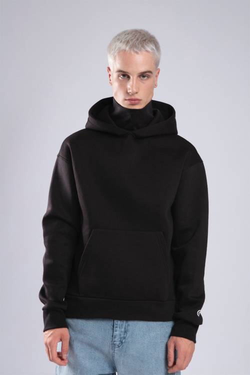 XHAN - Siyah Boğazlı Oversize Kapüşonlu Sweatshirt 3YXE8-47563-02