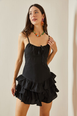Siyah Büzgülü & Fırfırlı Mini Elbise 5YXK6-48656-02 - 5
