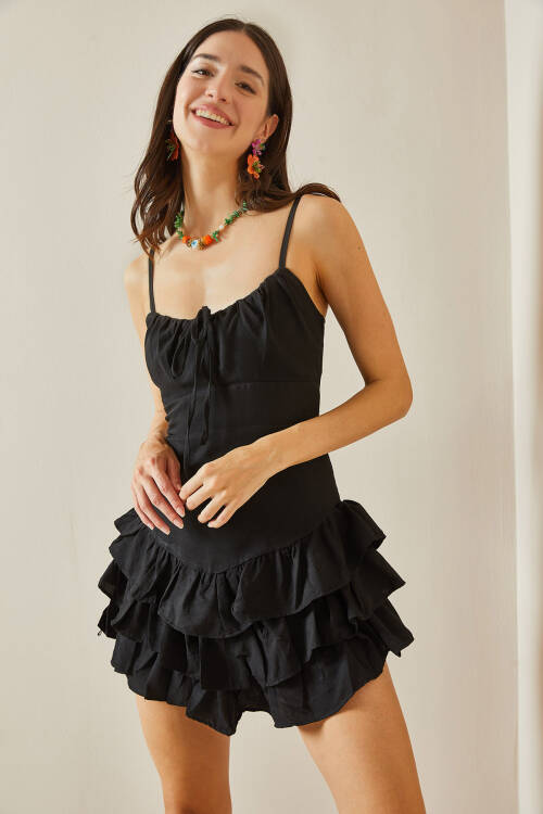 Siyah Büzgülü & Fırfırlı Mini Elbise 5YXK6-48656-02 - 7