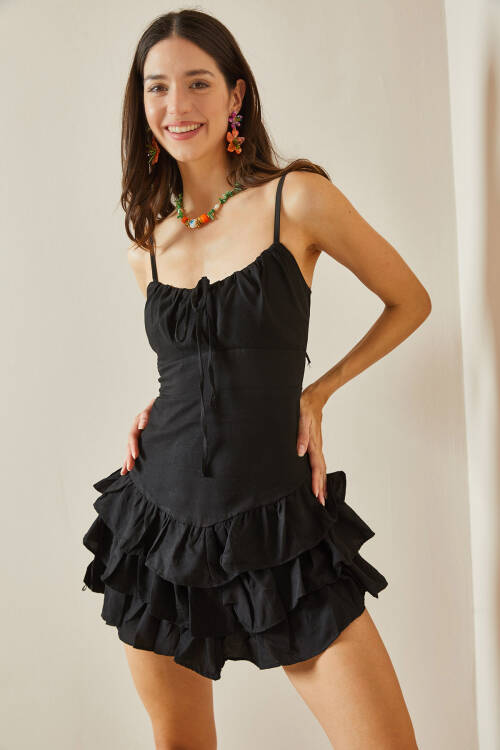Siyah Büzgülü & Fırfırlı Mini Elbise 5YXK6-48656-02 - 8
