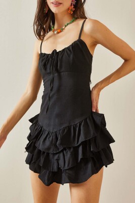 Siyah Büzgülü & Fırfırlı Mini Elbise 5YXK6-48656-02 - 1