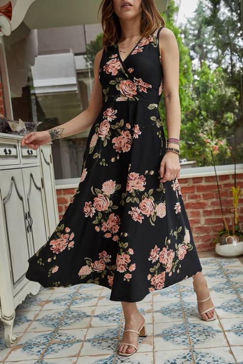 Siyah Çiçek Desenli Kruvaze Elbise 9YXK6-41381-02 - 3