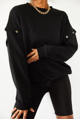 XHAN - Siyah Çıtçıt Detaylı Sweatshirt 1KZK8-10775-02