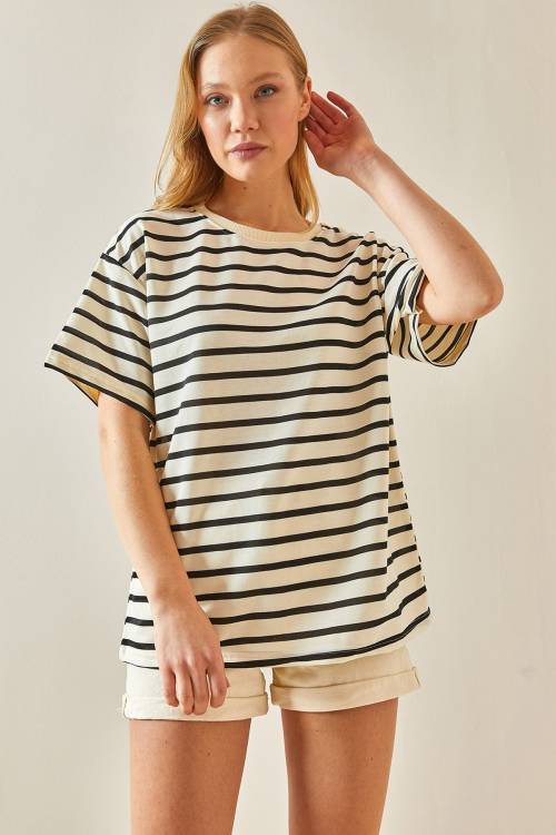 Siyah Çizgili & Bisiklet Yaka Oversize Tişört 4KXK1-47928-02 - 5
