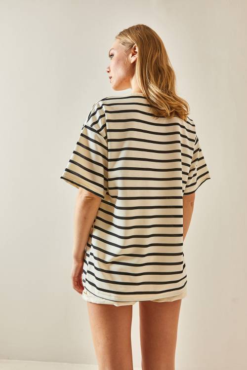 Siyah Çizgili & Bisiklet Yaka Oversize Tişört 4KXK1-47928-02 - 7