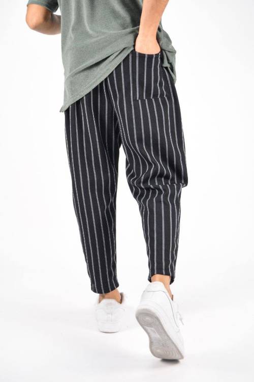 Siyah Çizgili Desen Relaxed Pantolon 3YXE5-46972-02 - 4