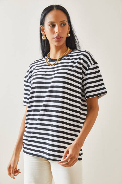 Siyah Çizgili Oversize Basic Tişört 5YXK1-48262-02 - 3