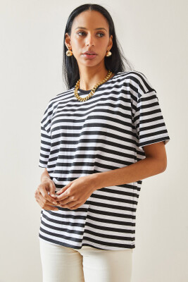 Siyah Çizgili Oversize Basic Tişört 5YXK1-48262-02 - 4