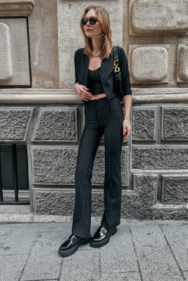 Siyah Çizgili Yüksek Bel ispanyol Paça Pantolon 3YXK5-46959-02 - 6