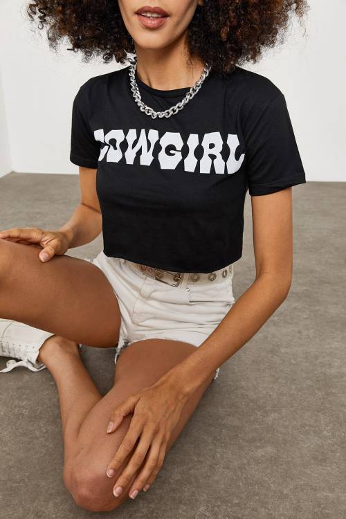 Siyah Cow Girl Baskılı Crop Tişört 2KXK1-45698-02 - 2