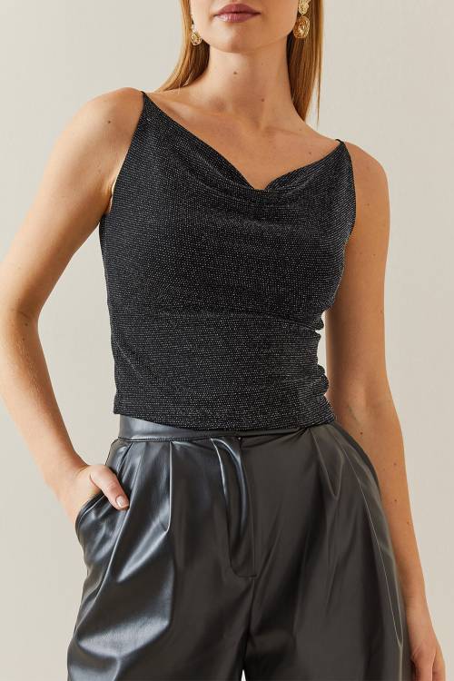 Siyah Degaje Yaka Simli Askılı Bluz 4KXK2-47833-02 - 1