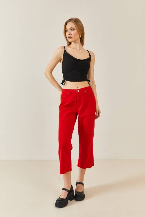 Siyah Degaje Yaka Yanı Büzgülü Crop Bluz 3YXK2-46885-02 - 1