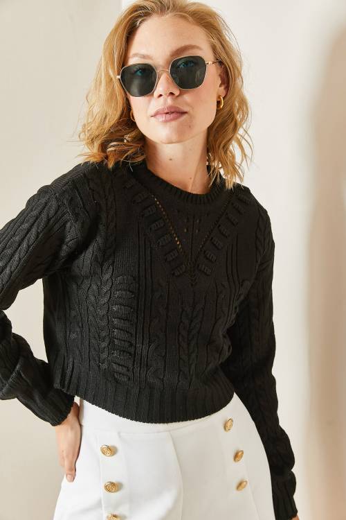 Siyah Delikli Crop Kazak 3YXK3-47506-02 - 4