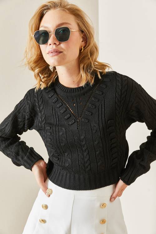 Siyah Delikli Crop Kazak 3YXK3-47506-02 - 5