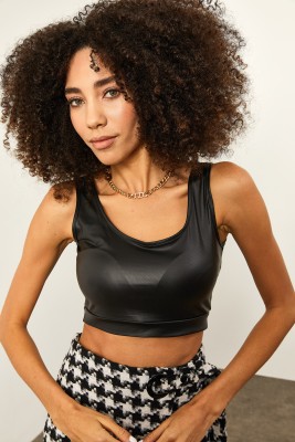 Siyah Deri Crop Bluz 2KXK2-45795-02 - 5