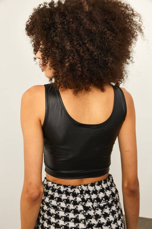 Siyah Deri Crop Bluz 2KXK2-45795-02 - 6