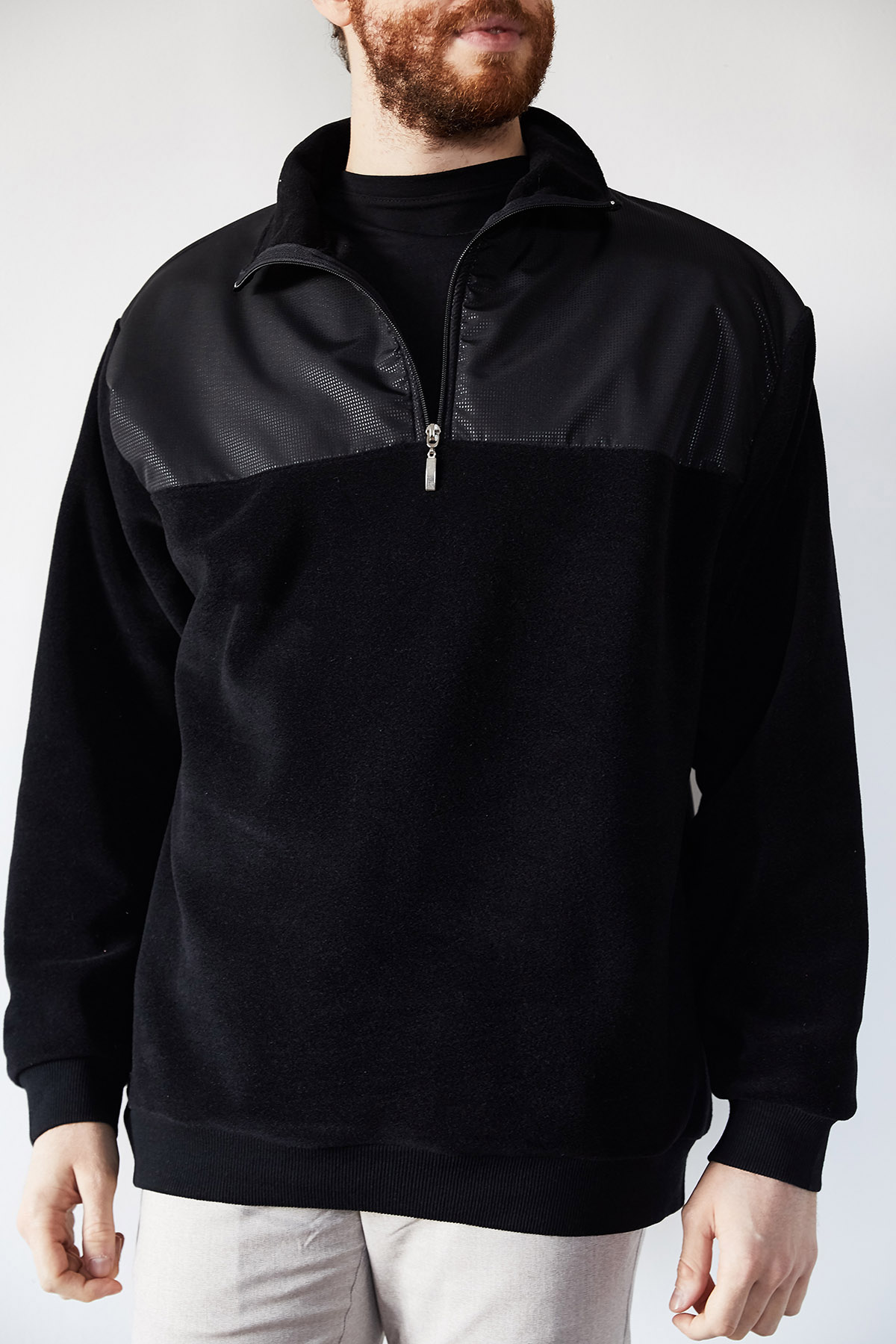 Siyah Deri Garnili Polar Sweatshirt 1KXE8-44233-02 