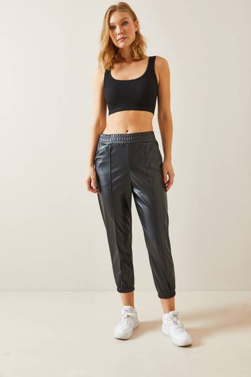 Siyah Deri Jogger Pantolon 4KXK5-47727-02 - 3