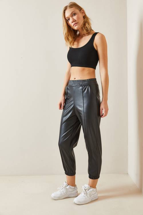 Siyah Deri Jogger Pantolon 4KXK5-47727-02 - 4