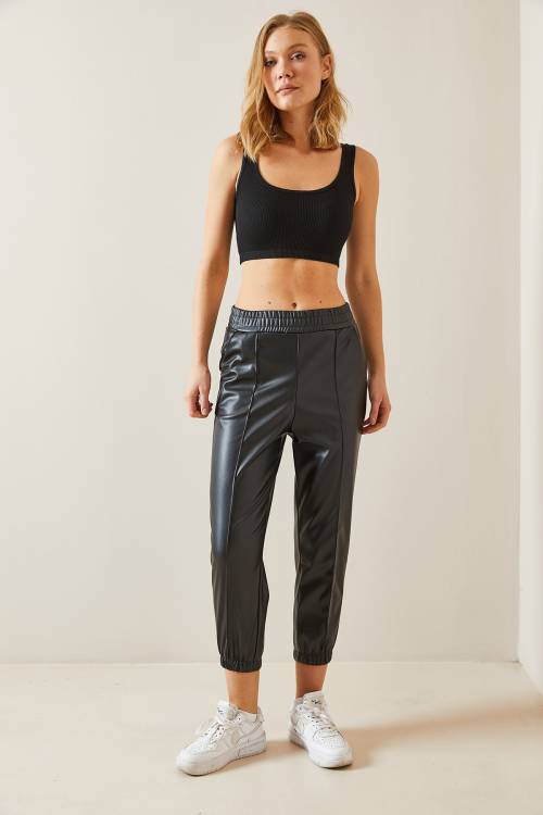 Siyah Deri Jogger Pantolon 4KXK5-47727-02 - 5