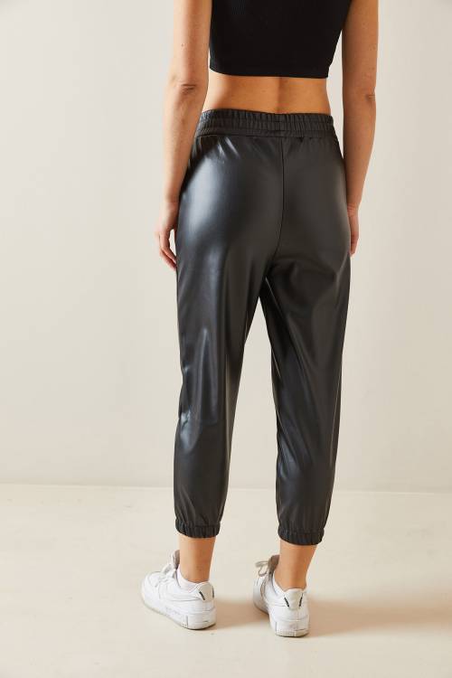 Siyah Deri Jogger Pantolon 4KXK5-47727-02 - 6