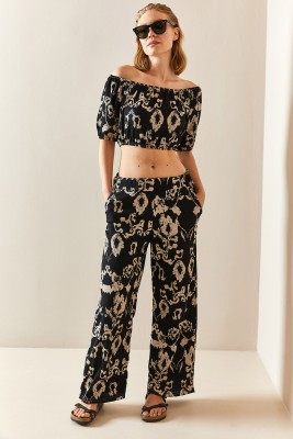 XHAN - Siyah Desenli & Dokulu Crop İkili Takım 3YXK8-47340-02