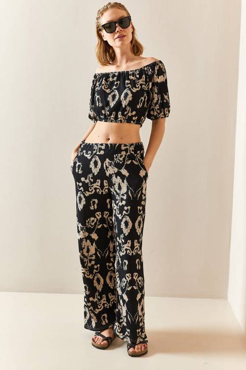 Siyah Desenli & Dokulu Crop İkili Takım 3YXK8-47340-02 - 2