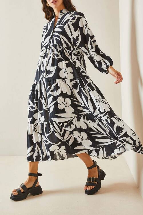 Siyah Desenli Maxi Elbise 5YXK6-48504-02 - 1