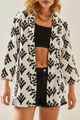 XHAN - Siyah Desenli Oversize Keten Kimono 3YXK4-47500-02