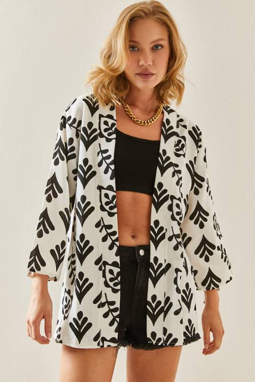 Siyah Desenli Oversize Keten Kimono 3YXK4-47500-02 - 2