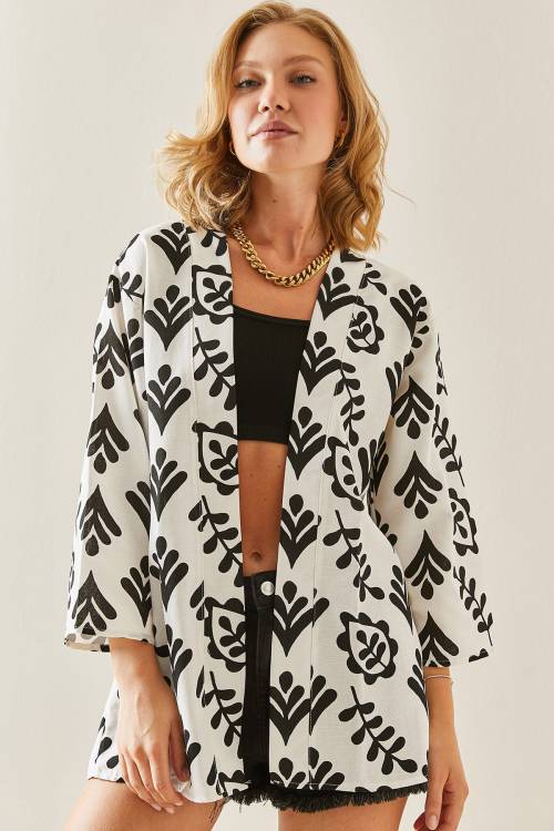 Siyah Desenli Oversize Keten Kimono 3YXK4-47500-02 - 3