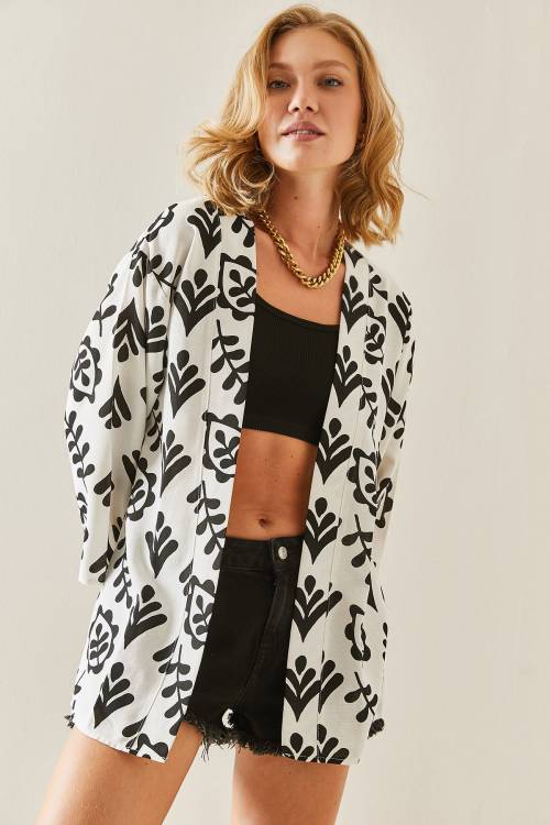Siyah Desenli Oversize Keten Kimono 3YXK4-47500-02 - 4
