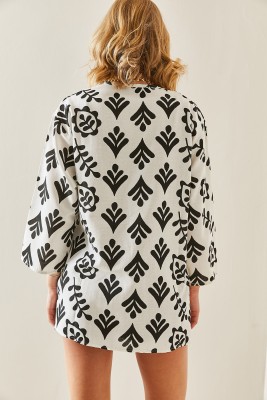 Siyah Desenli Oversize Keten Kimono 3YXK4-47500-02 - 5