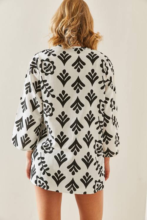 Siyah Desenli Oversize Keten Kimono 3YXK4-47500-02 - 5