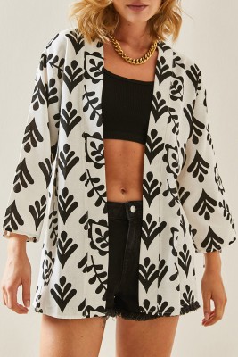 Siyah Desenli Oversize Keten Kimono 3YXK4-47500-02 - XHAN
