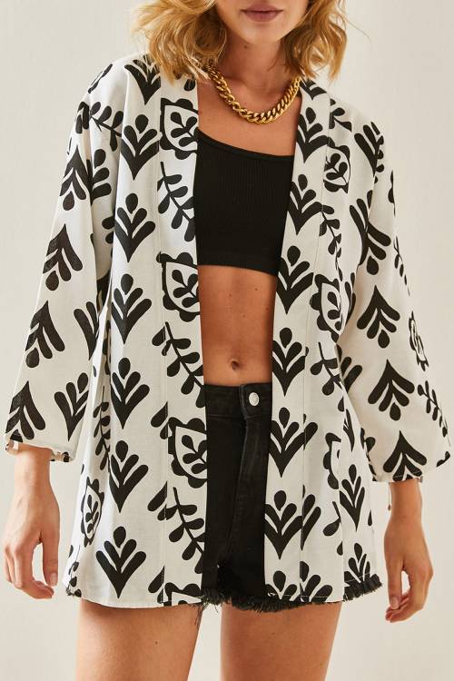 Siyah Desenli Oversize Keten Kimono 3YXK4-47500-02 - 1