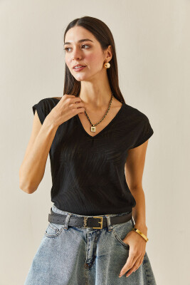 Siyah Desenli V Yaka Transparan Bluz 5YXK2-48321-02 - 4