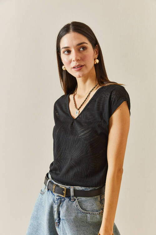 Siyah Desenli V Yaka Transparan Bluz 5YXK2-48321-02 - 6