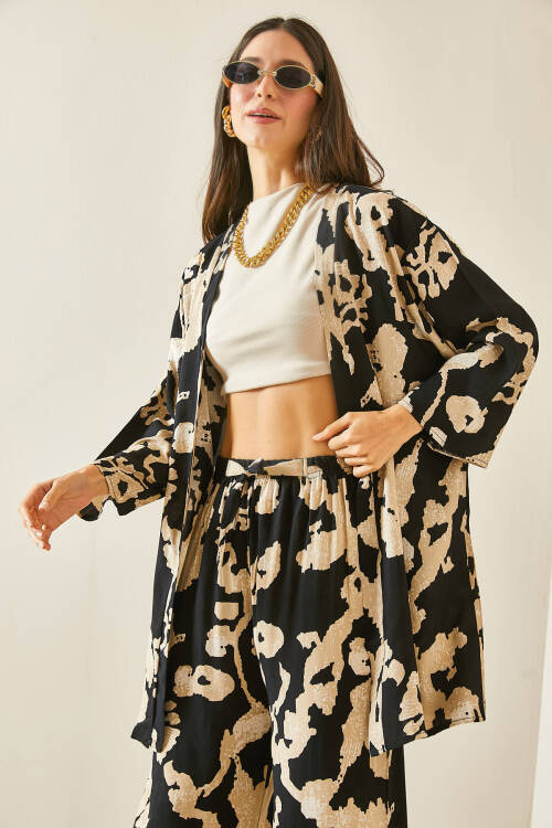 Siyah Desenli Viskon Kimono 5YXK4-48466-02 - 2