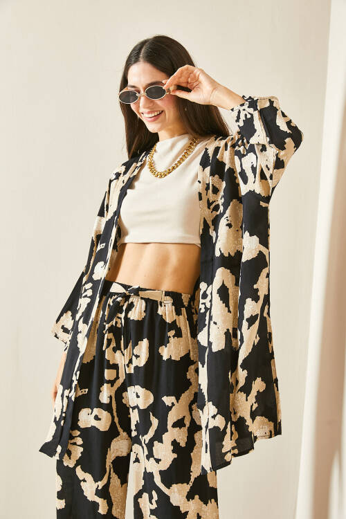 Siyah Desenli Viskon Kimono 5YXK4-48466-02 - 3