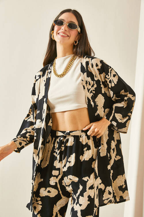 Siyah Desenli Viskon Kimono 5YXK4-48466-02 - 4