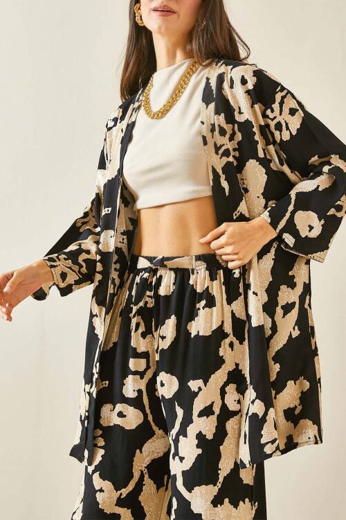 Siyah Desenli Viskon Kimono 5YXK4-48466-02 - 1
