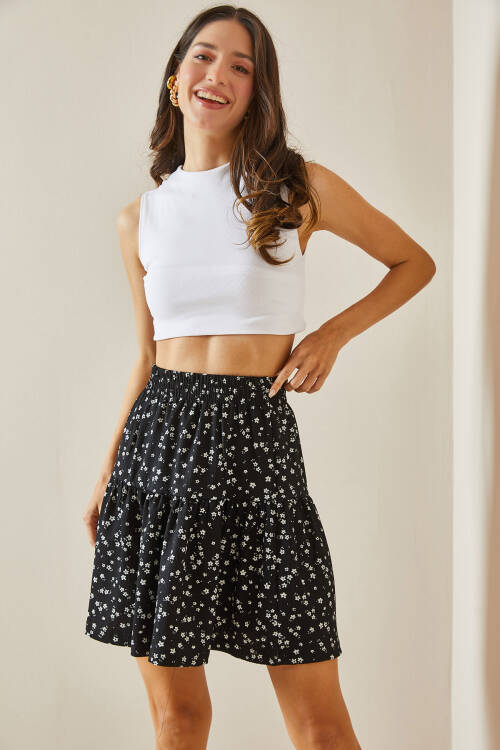 Siyah Desenli & Volanlı Örme Mini Etek 5YXK7-48528-02 - 4