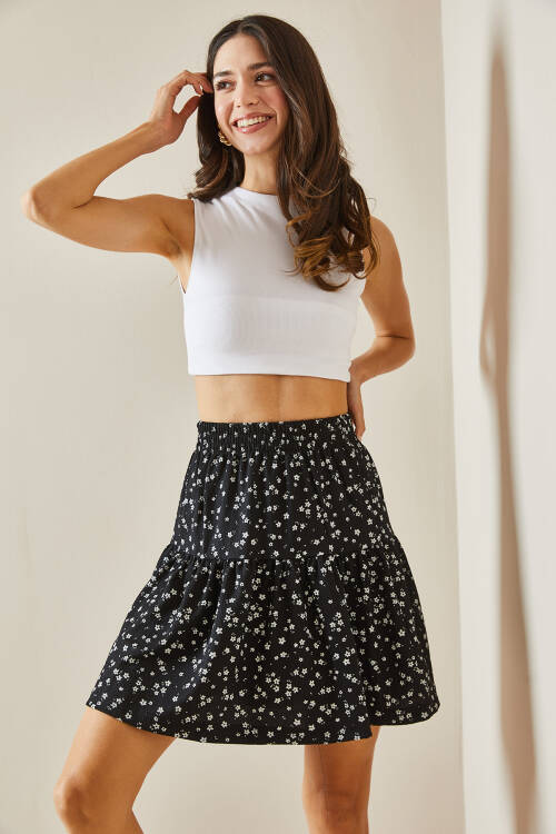 Siyah Desenli & Volanlı Örme Mini Etek 5YXK7-48528-02 - 5