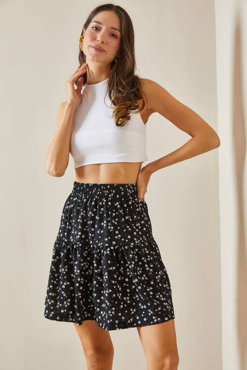 Siyah Desenli & Volanlı Örme Mini Etek 5YXK7-48528-02 - 6