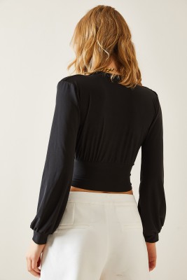 Siyah Drape Detaylı Dekolteli Bluz 4KXK2-47693-02 - 8