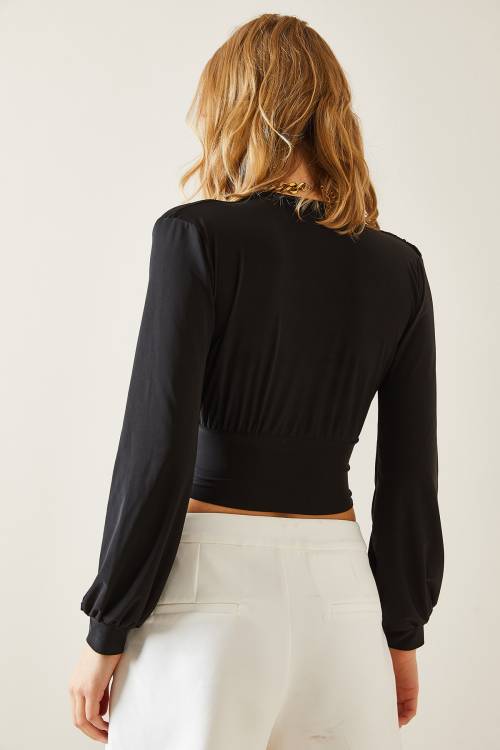 Siyah Drape Detaylı Dekolteli Bluz 4KXK2-47693-02 - 8