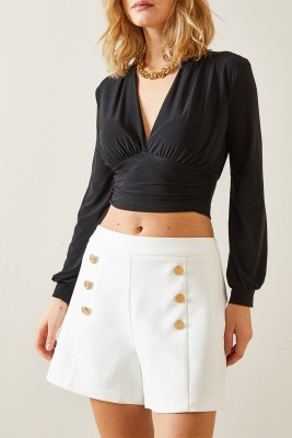 Siyah Drape Detaylı Dekolteli Bluz 4KXK2-47693-02 