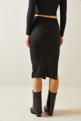 Siyah Drape Detaylı Yırtmaçlı Kaşkorse Etek 4KXK7-47726-02 - 6