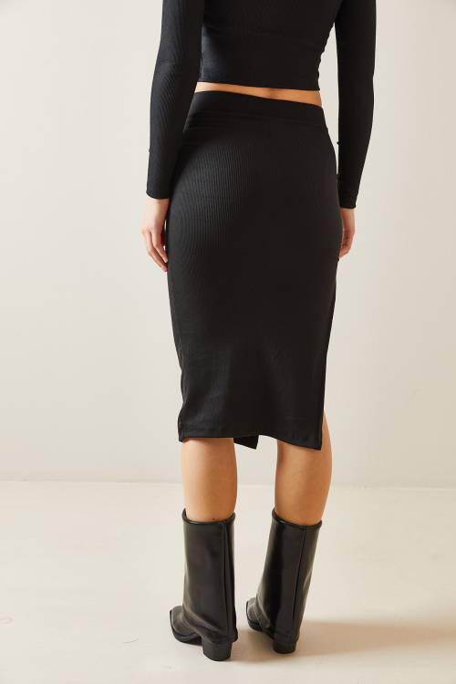 Siyah Drape Detaylı Yırtmaçlı Kaşkorse Etek 4KXK7-47726-02 - 6